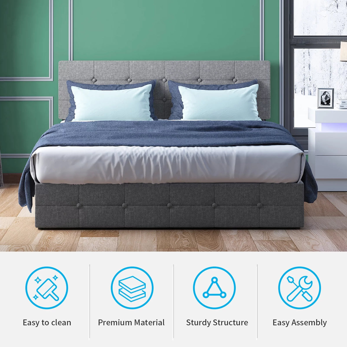 Queen Size Upholstered Platform Bed Frame with 4 Storage Drawers T6781