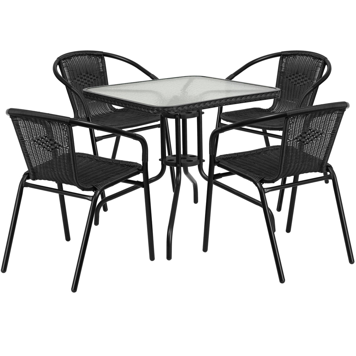28'' Square Glass Metal Table with Black Rattan Edging N757