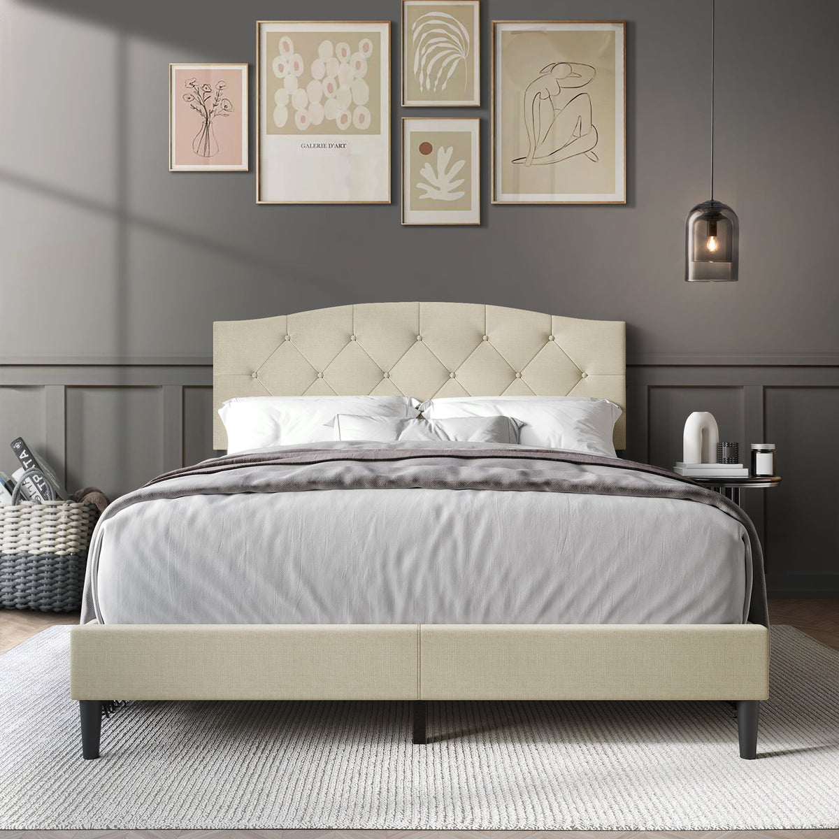 Beige Linen Upholstered Platform Bed H637