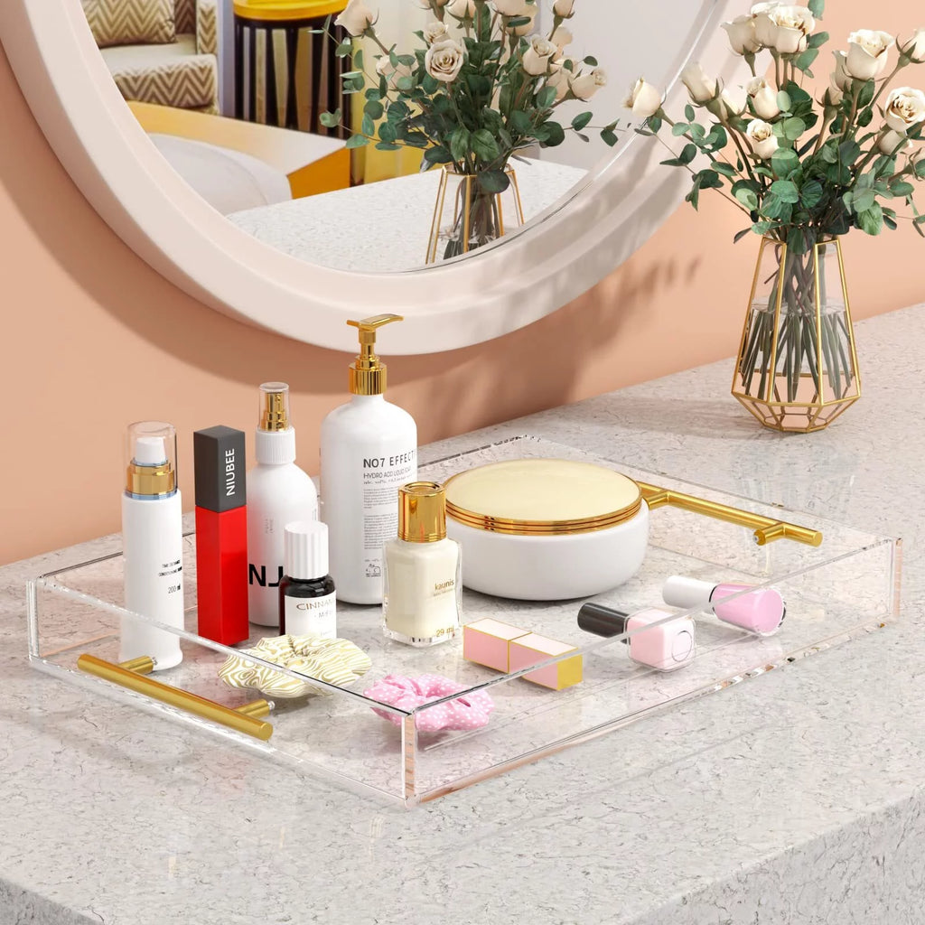 Rectangular Clear Decorative Tray with Gold Handle Z255