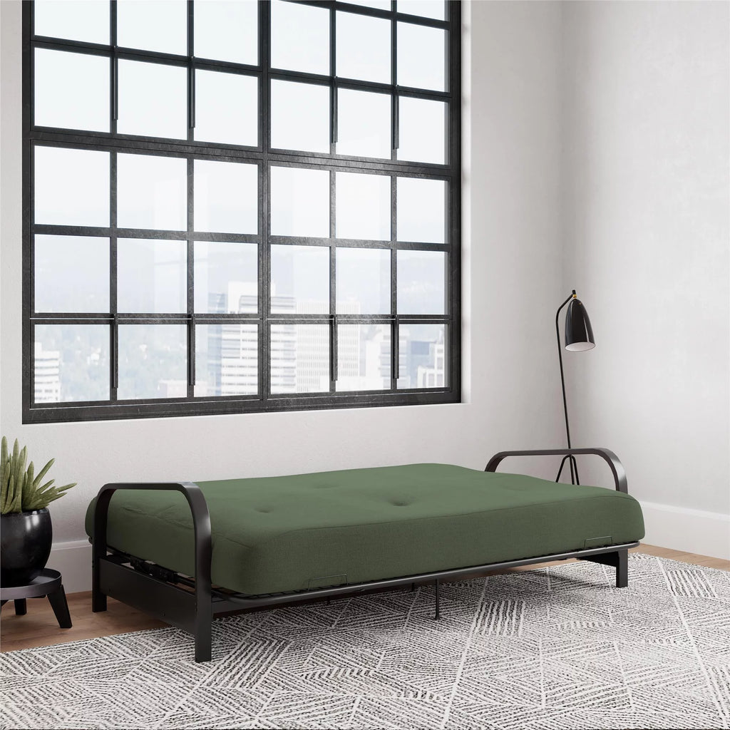 Army Green Full Size Futon Set with Black Metal Sofa Bed Frame and 6" Mattress S9438