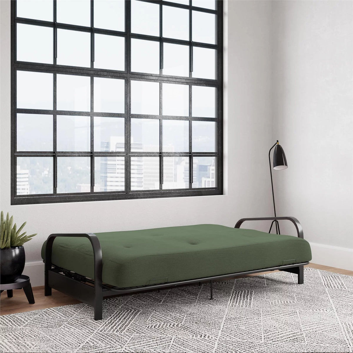 Army Green Full Size Futon Set with Black Metal Sofa Bed Frame and 6" Mattress S9438