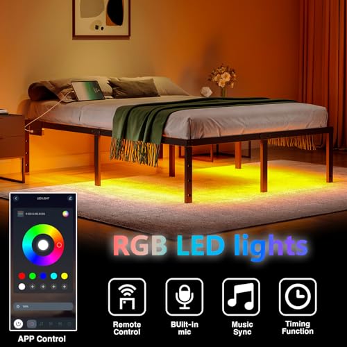Full Size 14 Inch Metal Platform Bed Frame with LED Lights P373