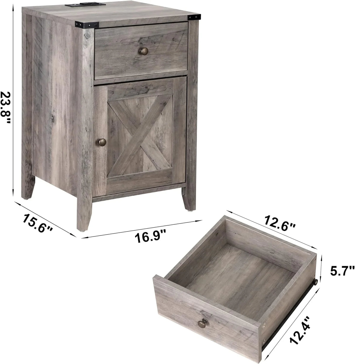 Rustic Farmhouse Nightstand with Charging Station and Drawers 2 Pack H357