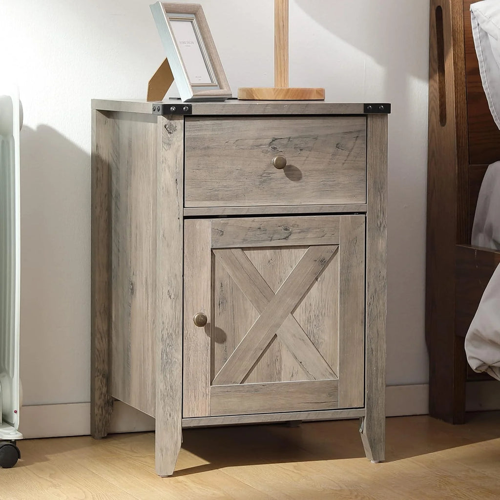 Rustic Farmhouse Nightstand with Charging Station and Drawers 2 Pack H357