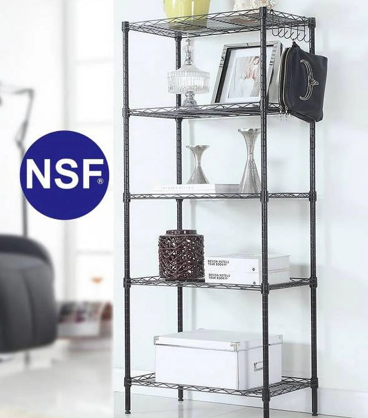 5 Tier Black Steel Wire Shelving Storage Rack I600