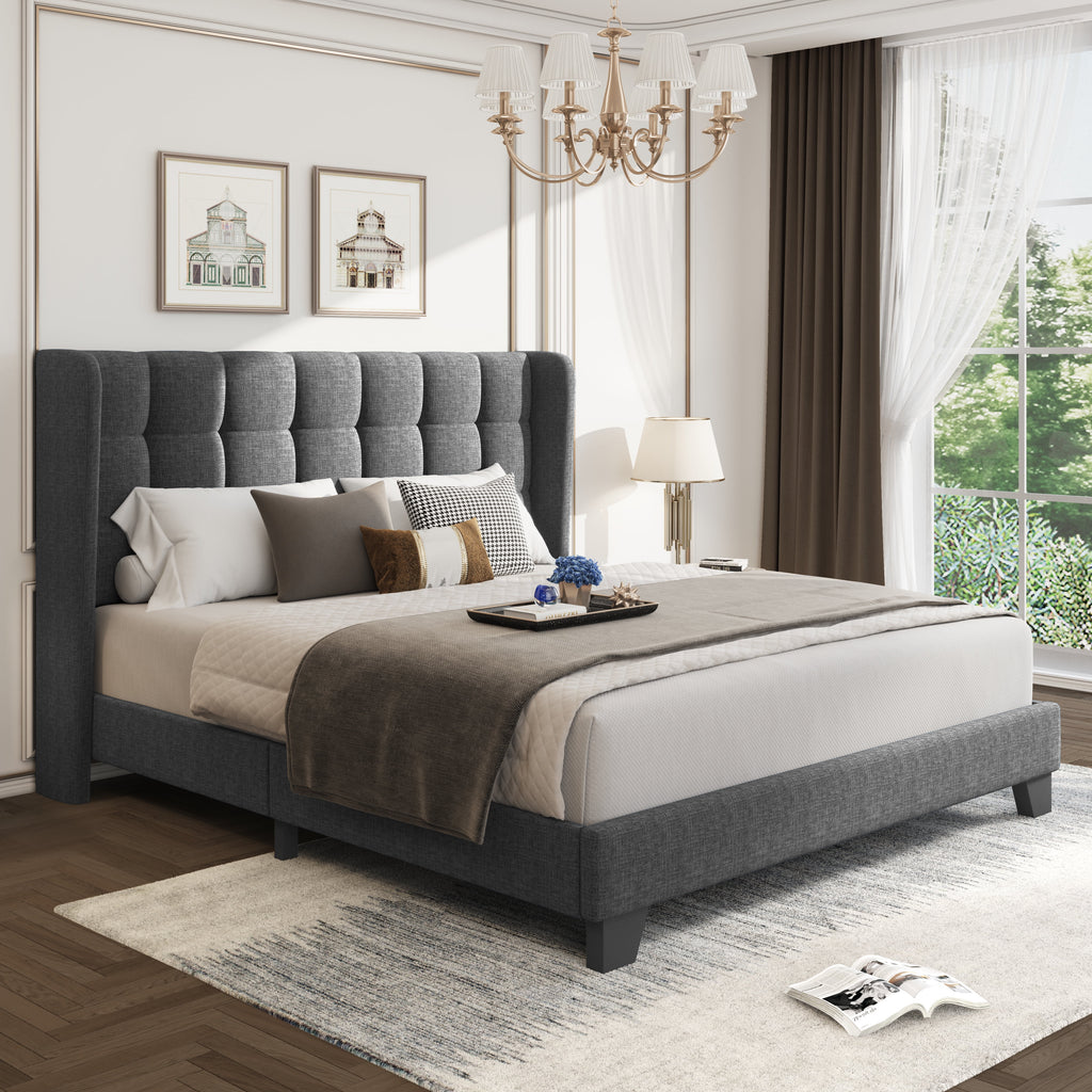 Grey Queen Size Platform Bed Frame with Tufted Headboard L710303