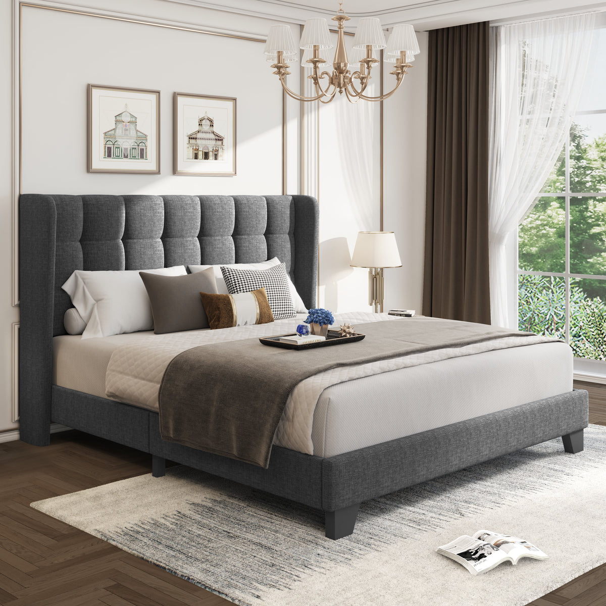 Grey Queen Size Platform Bed Frame with Tufted Headboard L710303