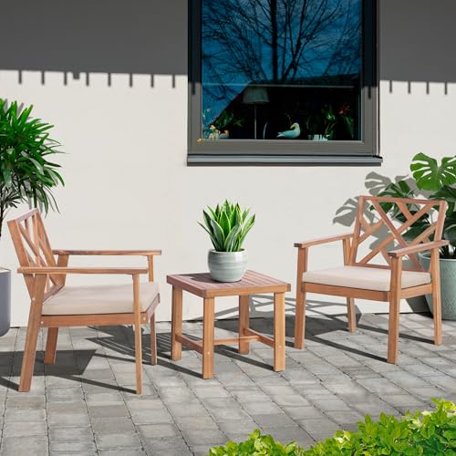 3 Piece Acacia Wood Outdoor Patio Furniture Set with Cushion Chairs and Coffee Table G88618