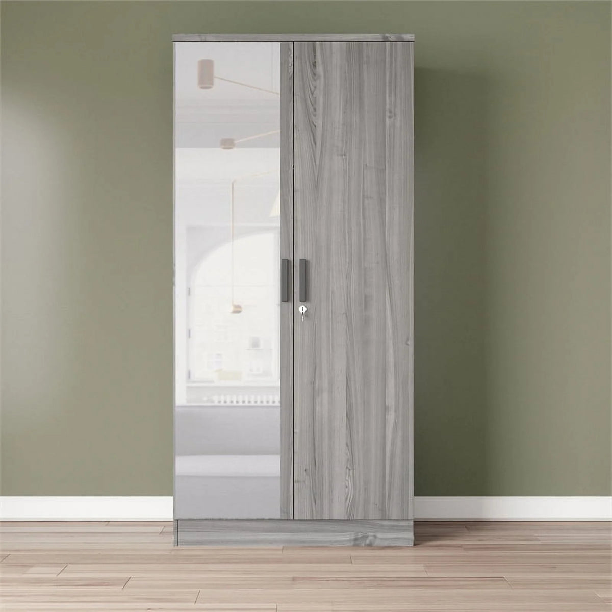 Gray Two Door Armoire Wardrobe with Mirror W76492