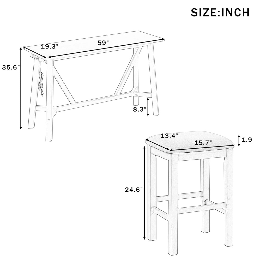 Natural Wood Wash Dining Bar Table Set with 3 Upholstered Stools Z717
