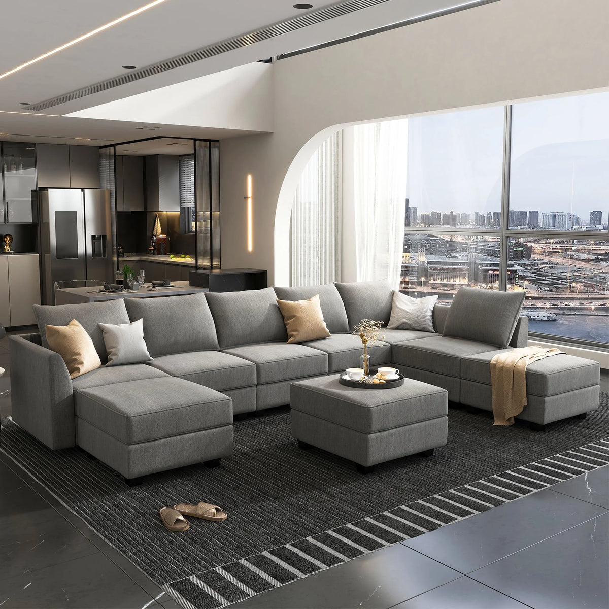 Grey U Shaped Sectional Sofa with Storage Ottomans F7909