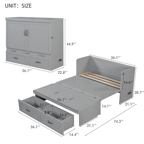 Full Size Murphy Bed Chest with USB Charging Station and Storage Drawer V92048