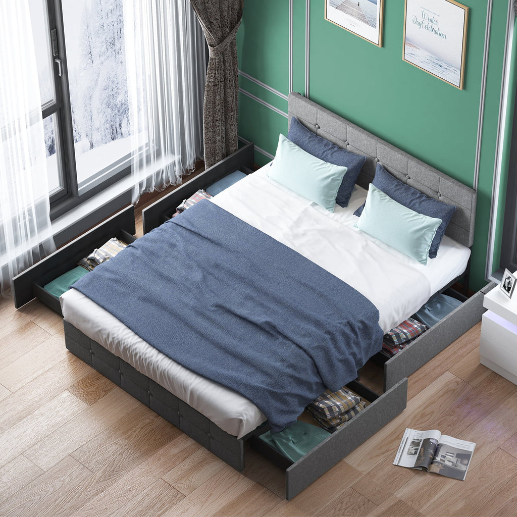 Queen Size Upholstered Platform Bed Frame with 4 Storage Drawers T6781