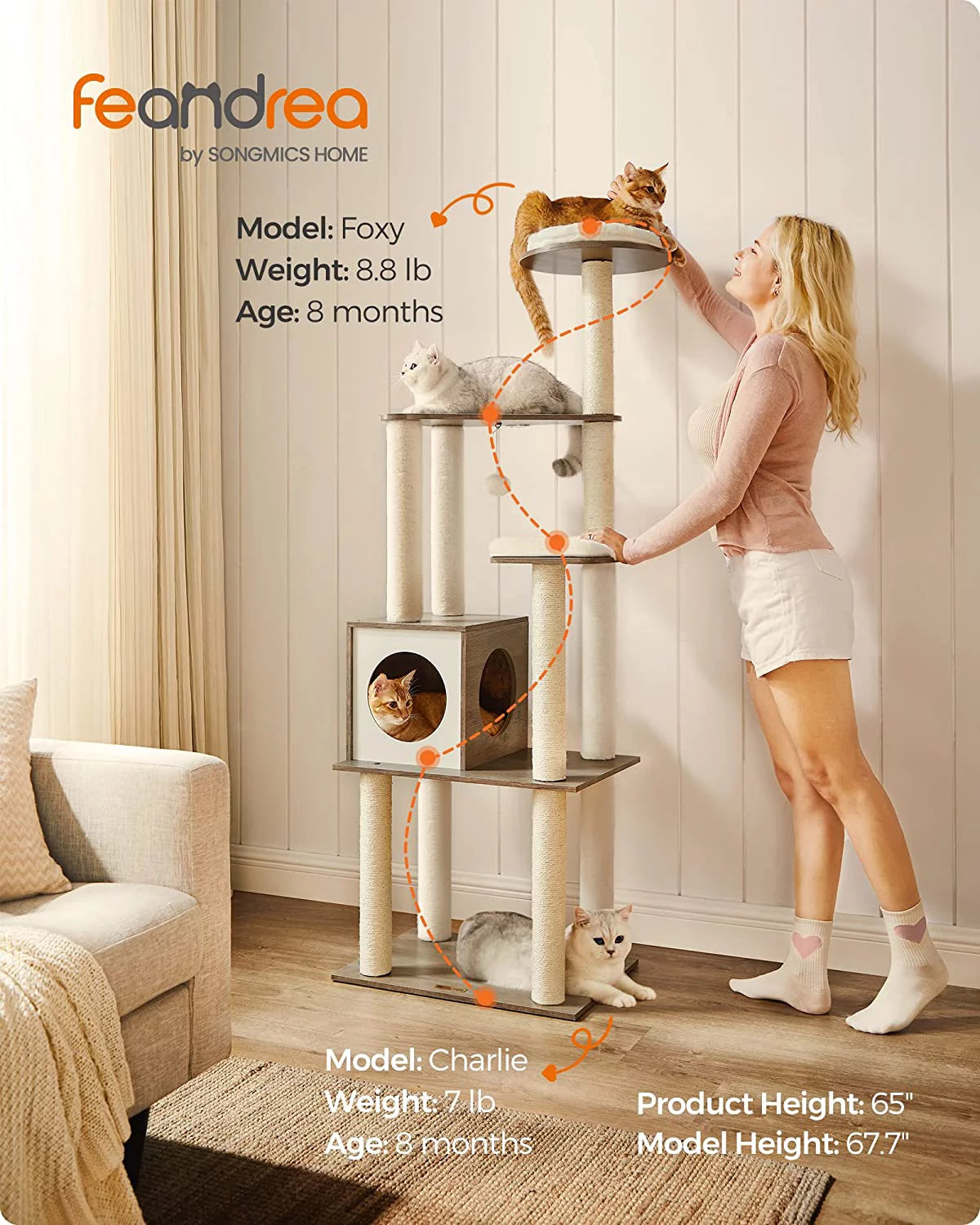 65-Inch Multi-Level Cat Tree with 5 Scratching Posts J613508
