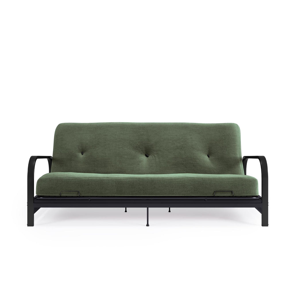 Army Green Full Size Futon Set with Black Metal Sofa Bed Frame and 6" Mattress S9438