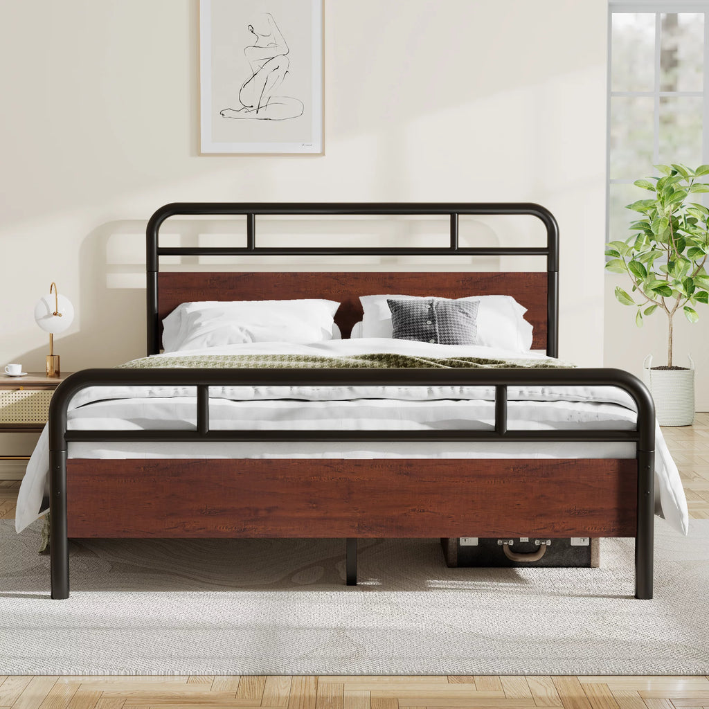 Dark Brown Queen Size Metal Platform Bed Frame with Wooden Headboard D5029