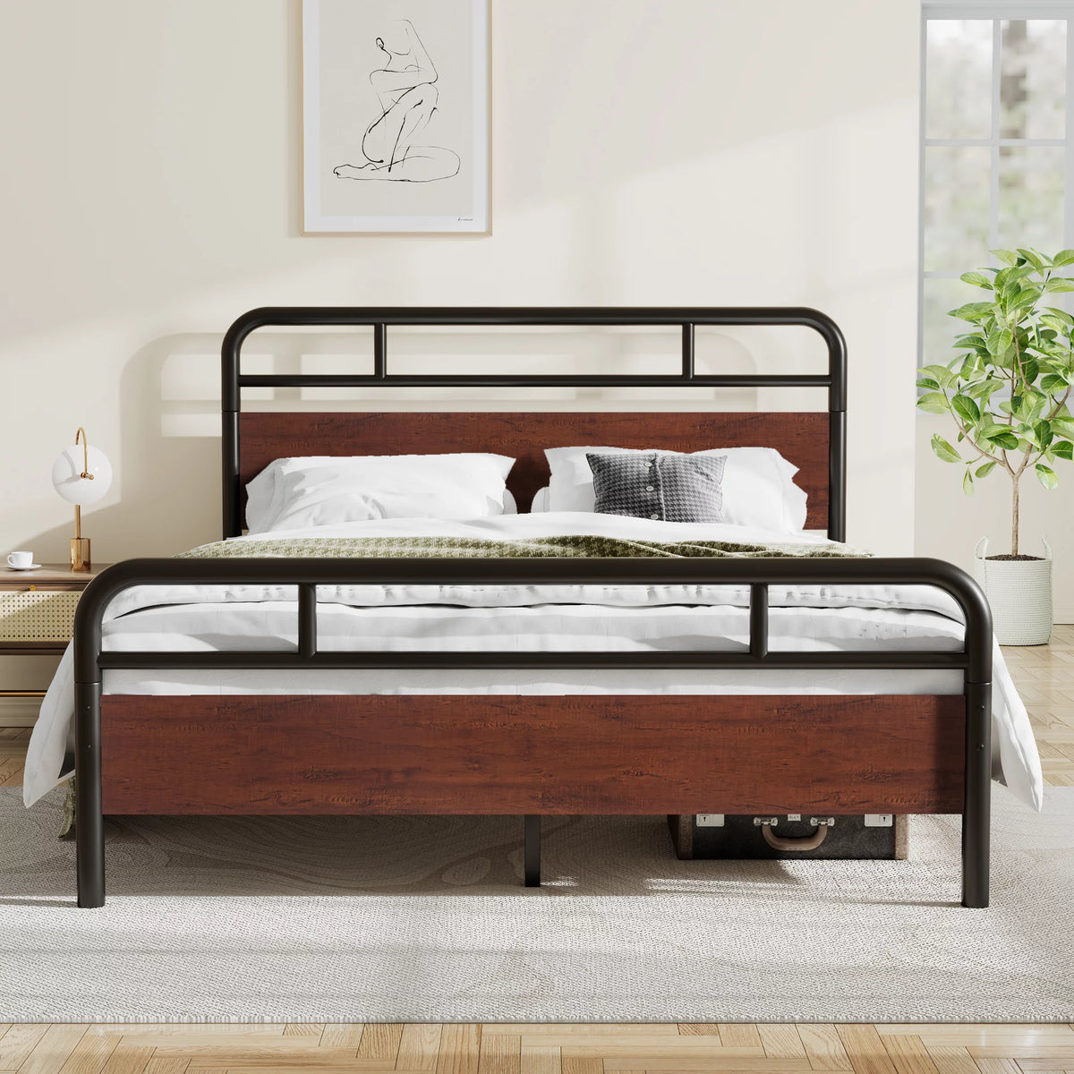 Dark Brown Queen Size Metal Platform Bed Frame with Wooden Headboard D5029