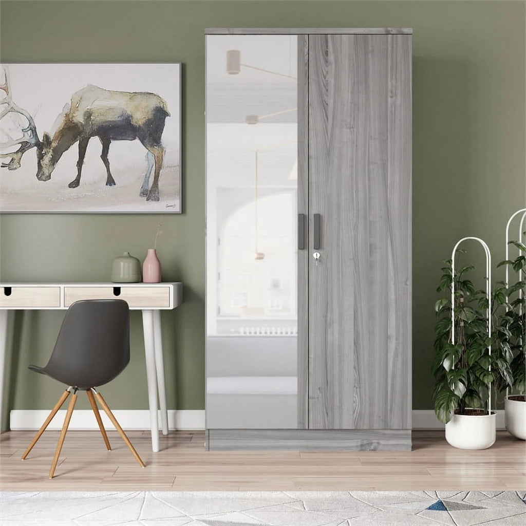 Gray Two Door Armoire Wardrobe with Mirror W76492