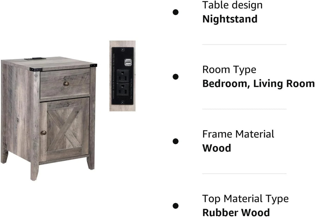 Rustic Farmhouse Nightstand with Charging Station and Drawers 2 Pack H357