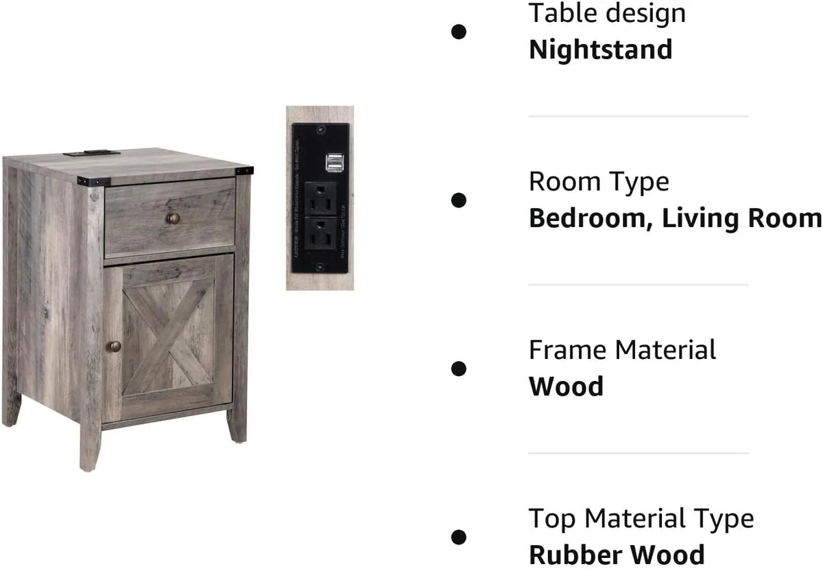 Rustic Farmhouse Nightstand with Charging Station and Drawers 2 Pack H357