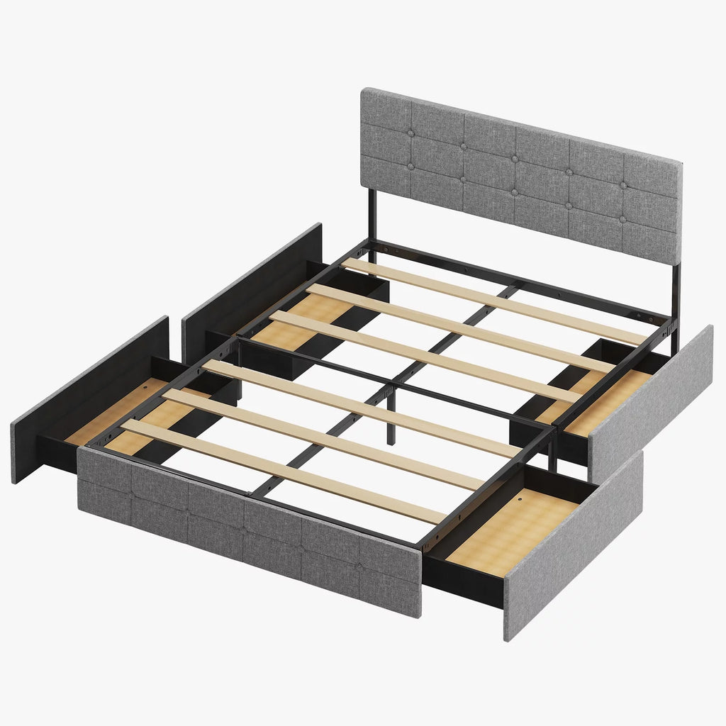 Queen Size Upholstered Platform Bed Frame with 4 Storage Drawers T6781
