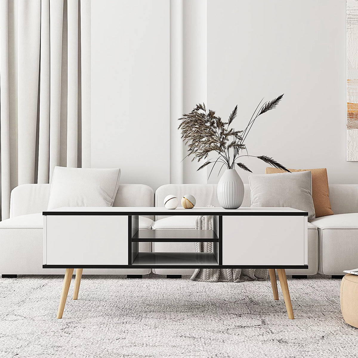 Modern Coffee Table with Storage Wooden Center Table, White F45411