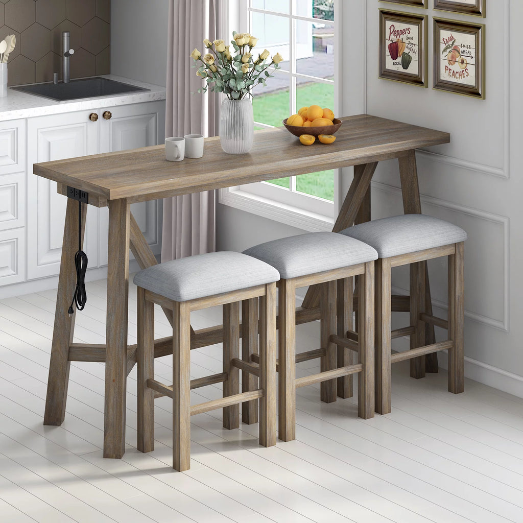 Natural Wood Wash Dining Bar Table Set with 3 Upholstered Stools Z717