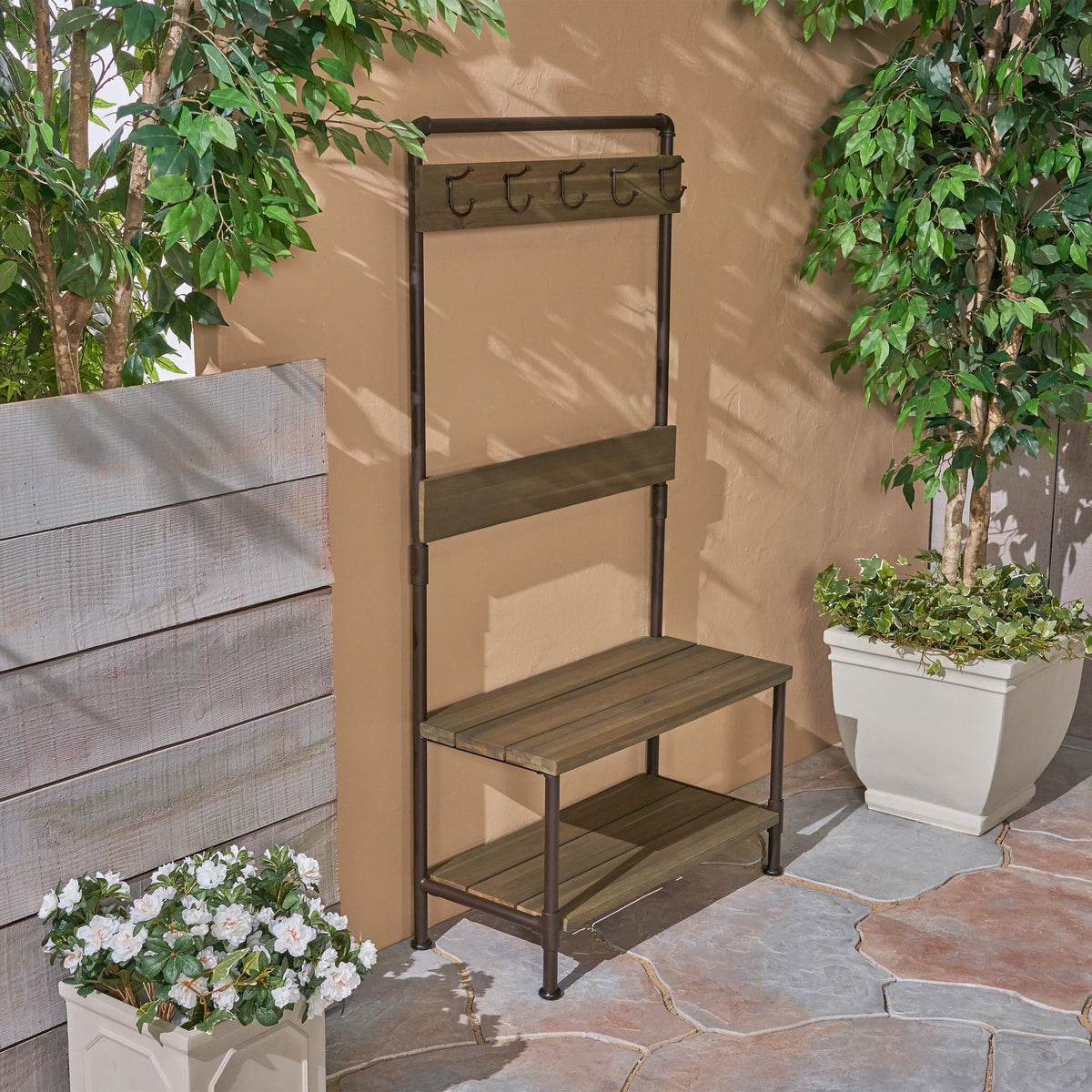 Acacia Wood Storage Bench and Coat Rack K70777