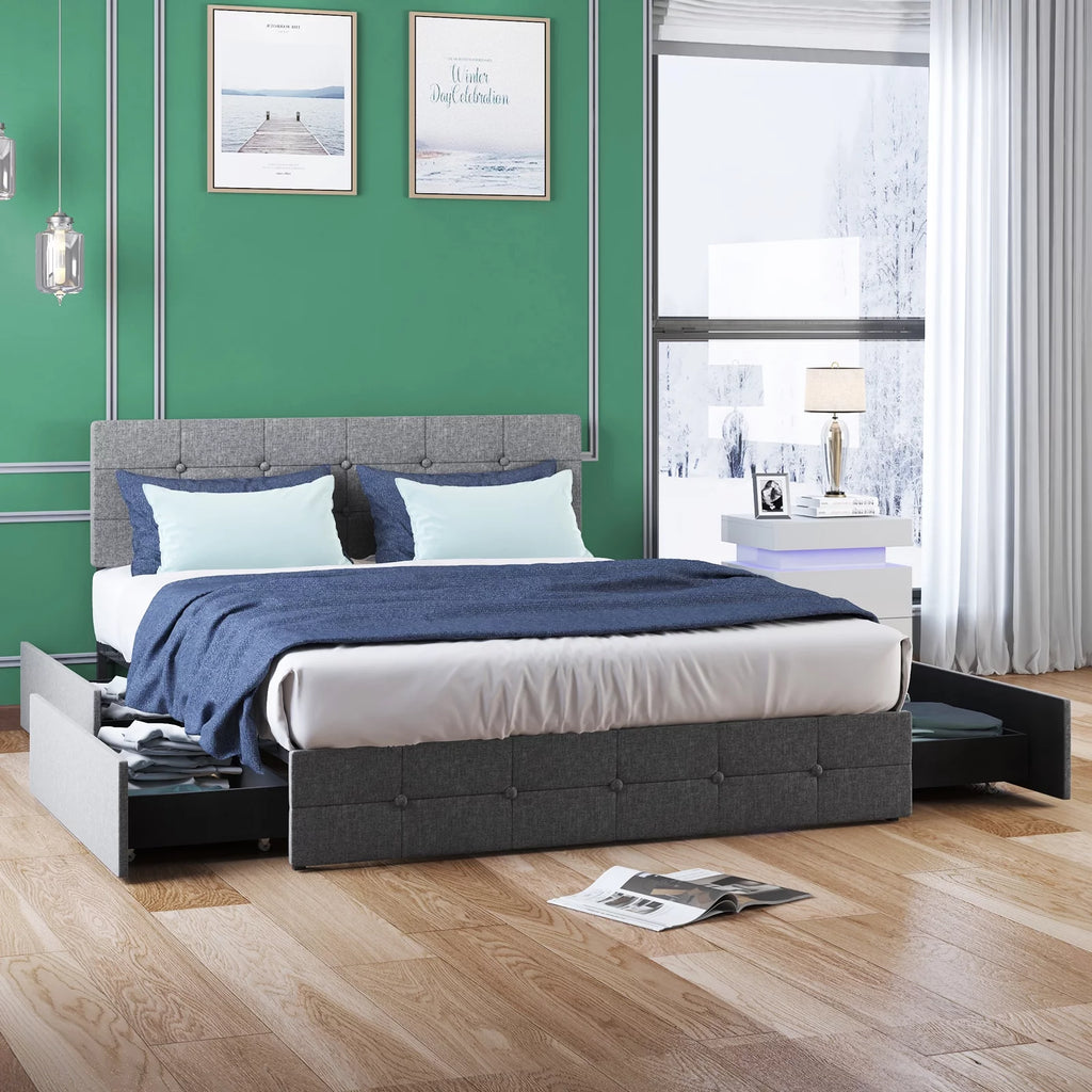 Queen Size Upholstered Platform Bed Frame with 4 Storage Drawers T6781