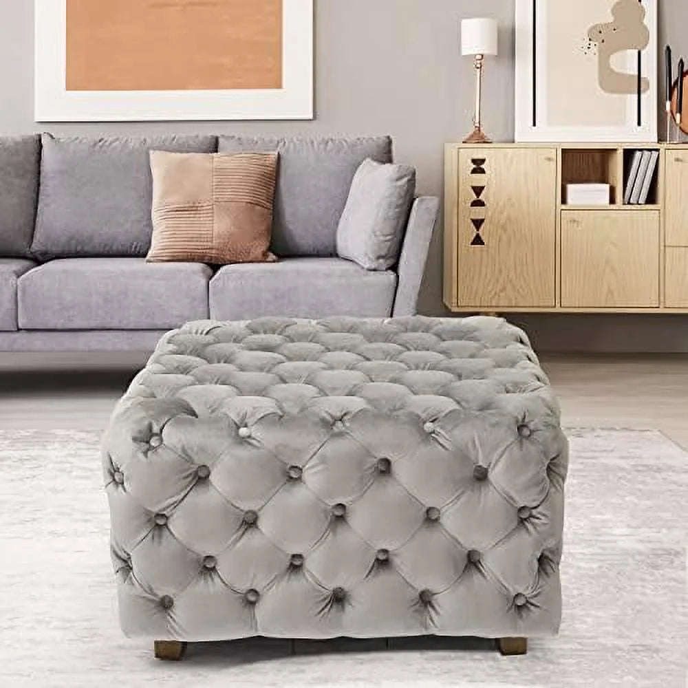 Gray Velvet Tufted Ottoman A162