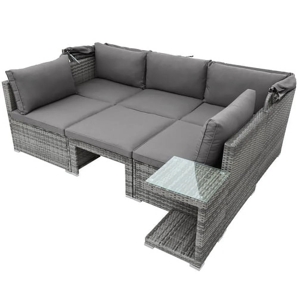 5 Pieces Wicker Patio Conversation Set with Canopy and Glass Side Table Z962