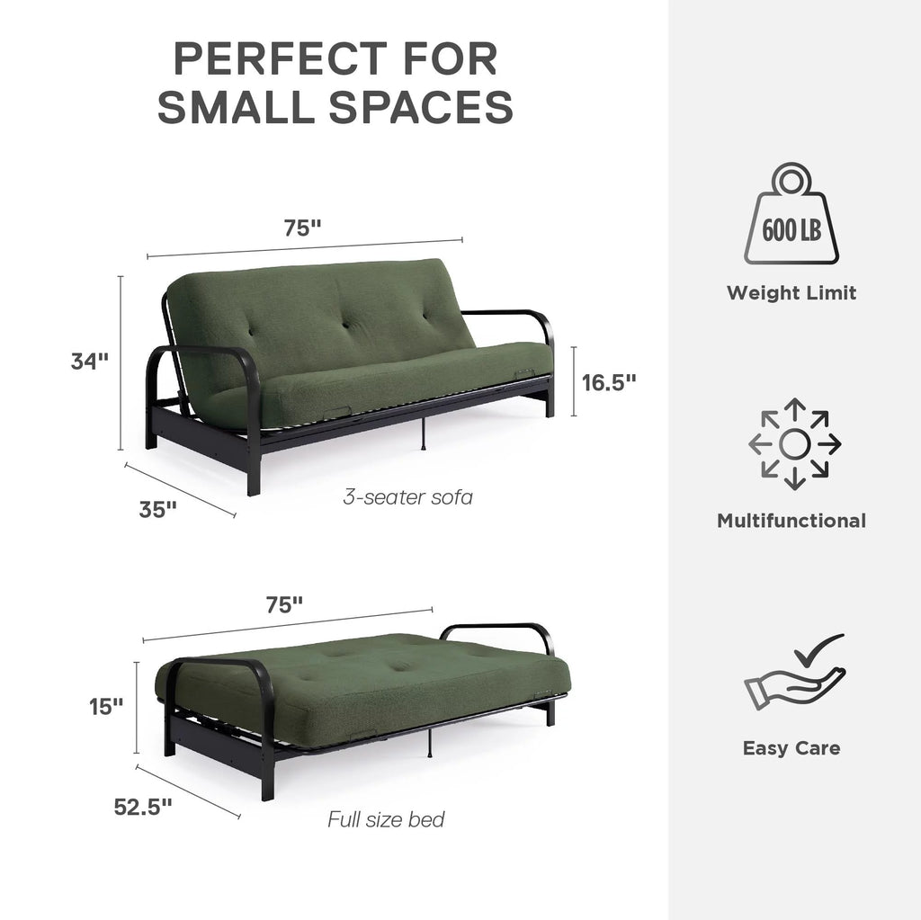 Army Green Full Size Futon Set with Black Metal Sofa Bed Frame and 6" Mattress S9438