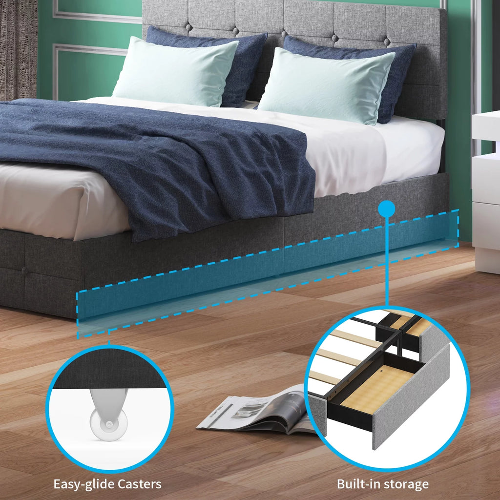 Queen Size Upholstered Platform Bed Frame with 4 Storage Drawers T6781