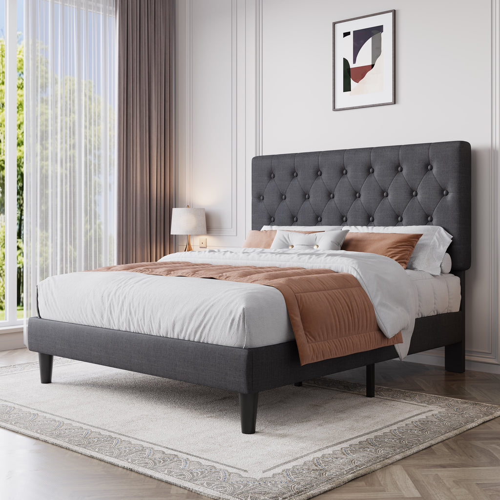 Black Queen Size Platform Bed Frame with Adjustable Tufted Headboard S675003