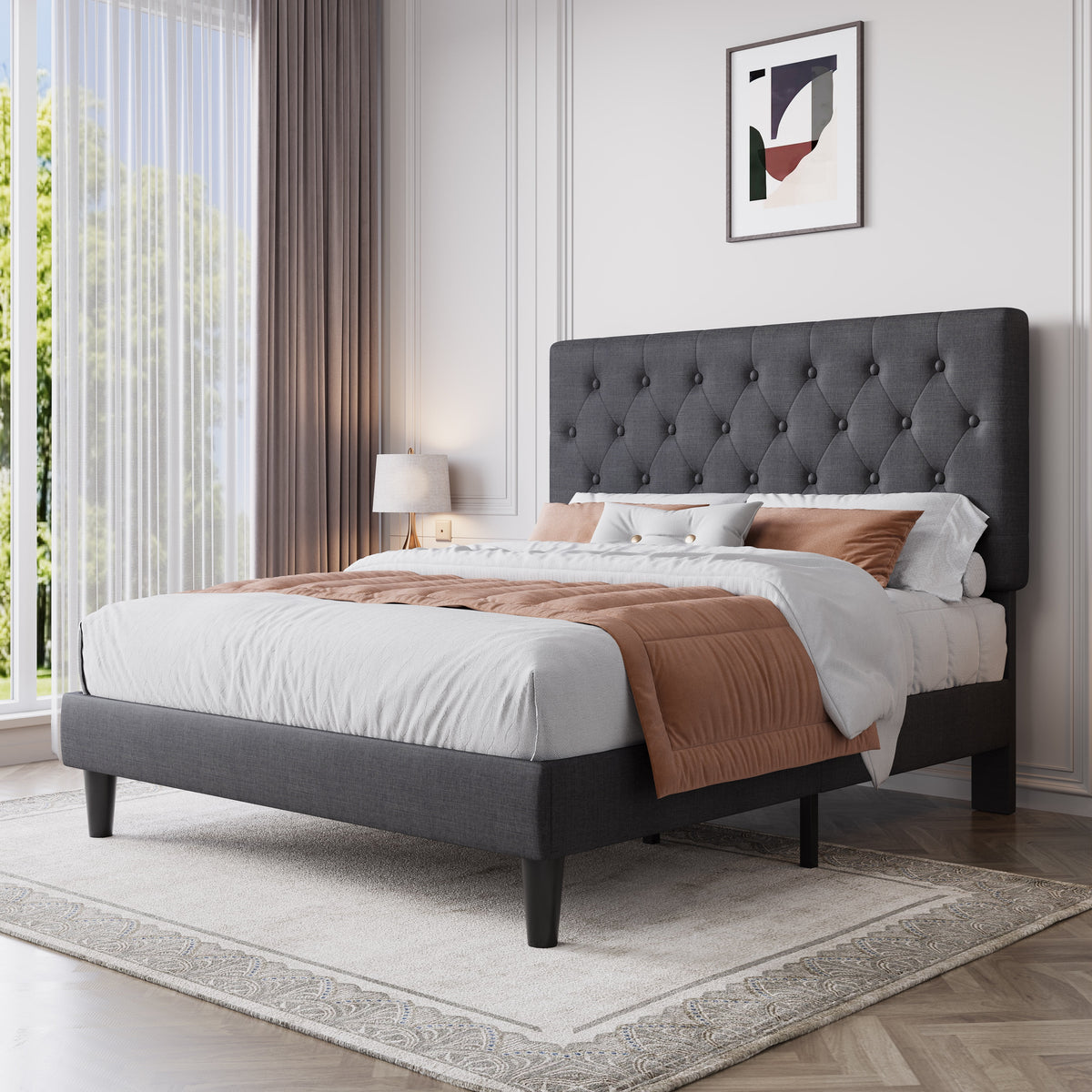Black Queen Size Platform Bed Frame with Adjustable Tufted Headboard S675003