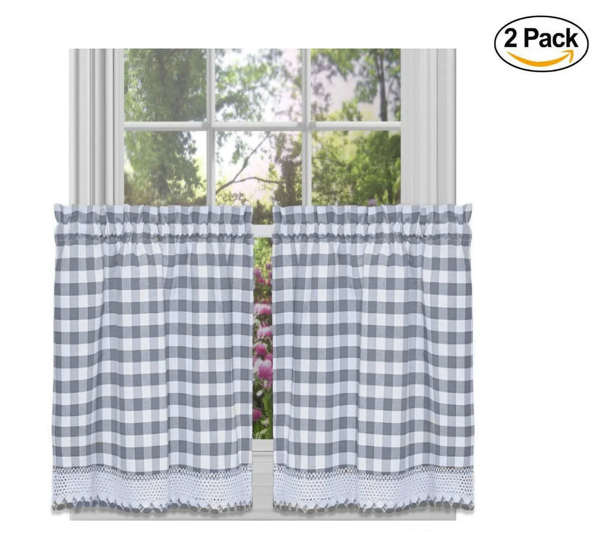 Buffalo Check Window Curtain Tier Pair, 58" X 24", Grey (Set of 2) J2871