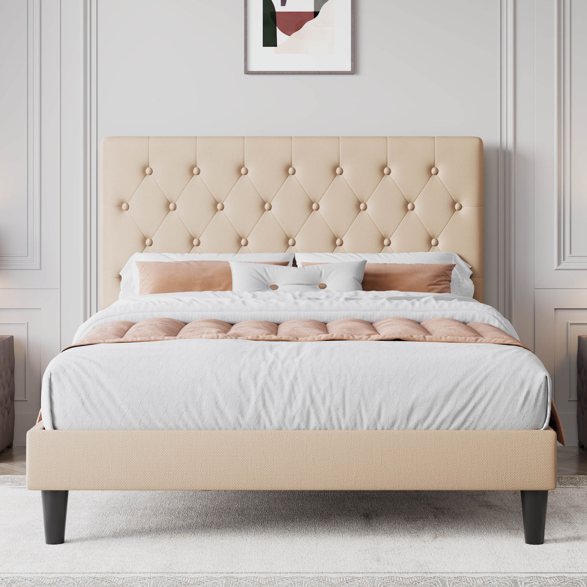 Black Queen Size Platform Bed Frame with Adjustable Tufted Headboard S675003