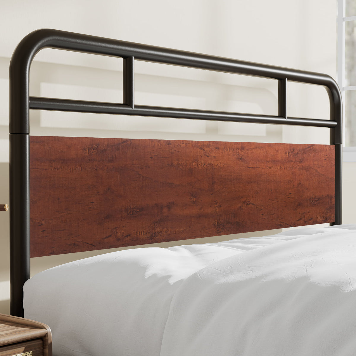 Dark Brown Queen Size Metal Platform Bed Frame with Wooden Headboard D5029