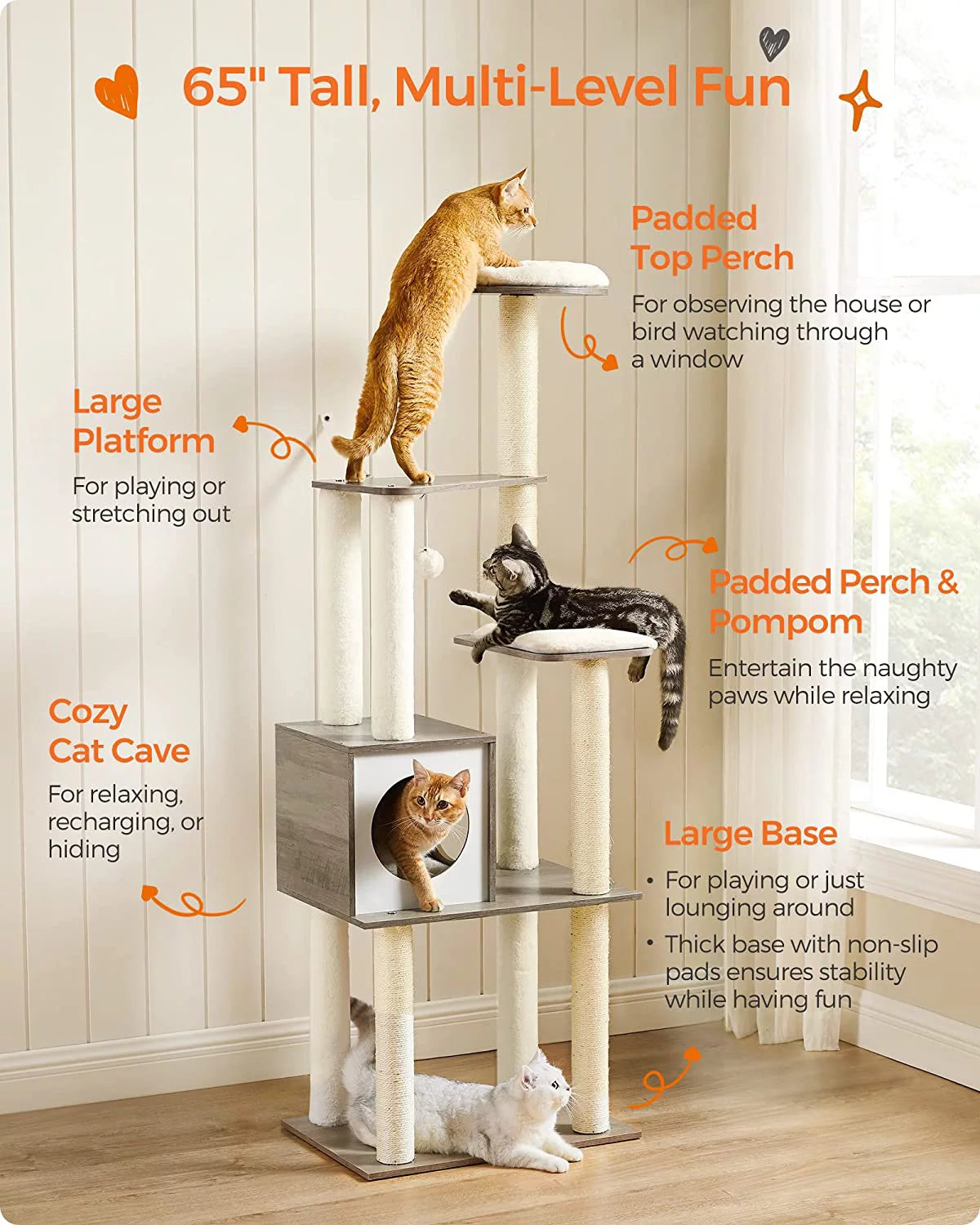 65-Inch Multi-Level Cat Tree with 5 Scratching Posts J613508