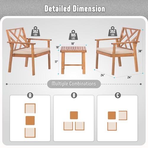 3 Piece Acacia Wood Outdoor Patio Furniture Set with Cushion Chairs and Coffee Table G88618