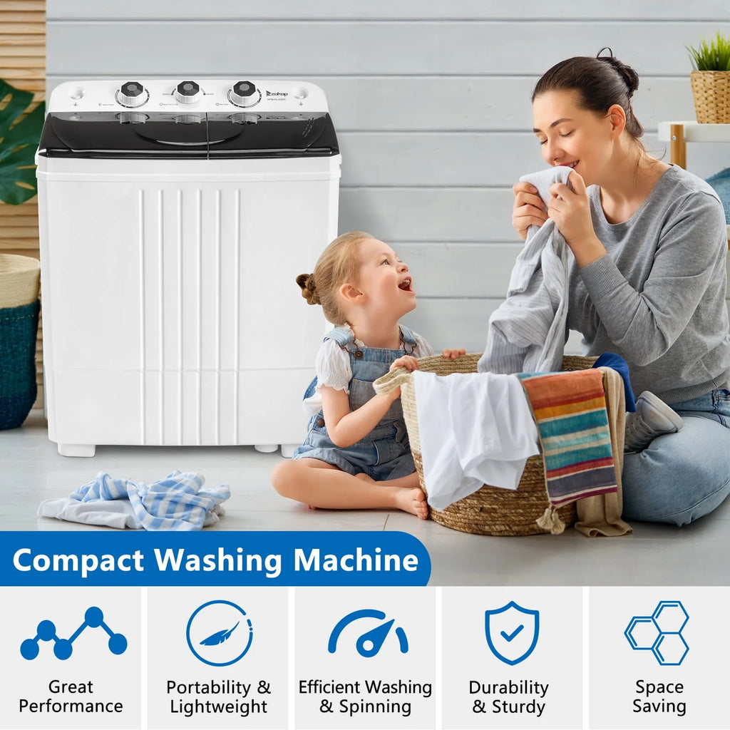 20LBS Portable Compact Twin Tub Washing Machine Washer Dryer, Black R138