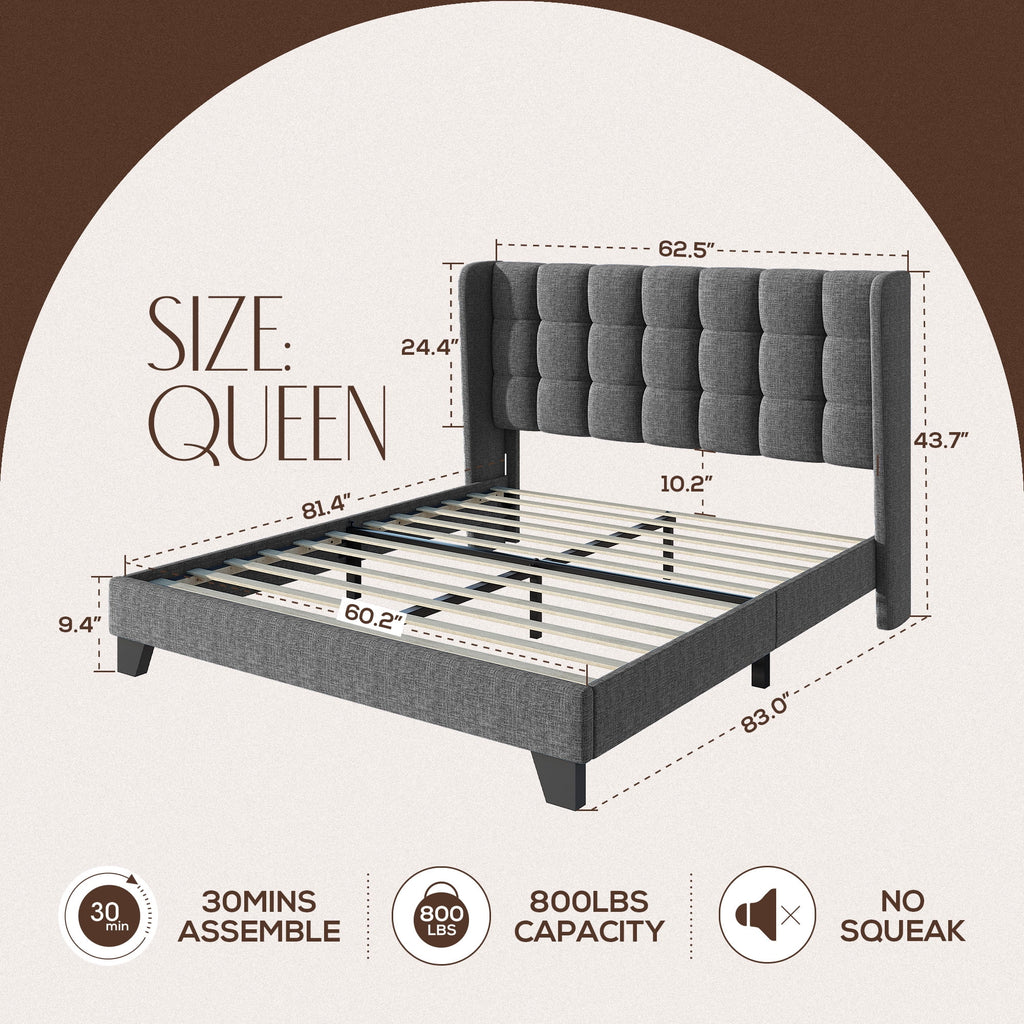 Grey Queen Size Platform Bed Frame with Tufted Headboard L710303