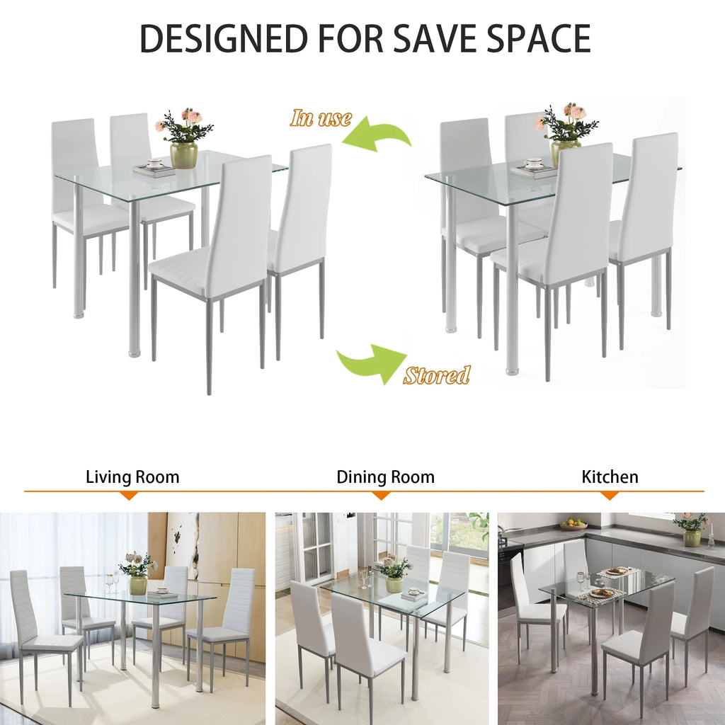 White 5 Pieces Tempered Glass Dining Table Set with 4 Chairs B62238