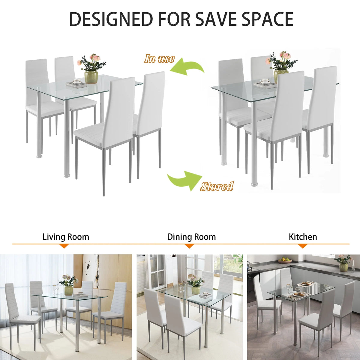 White 5 Pieces Tempered Glass Dining Table Set with 4 Chairs B62238