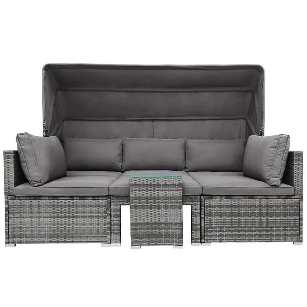 5 Pieces Wicker Patio Conversation Set with Canopy and Glass Side Table Z962
