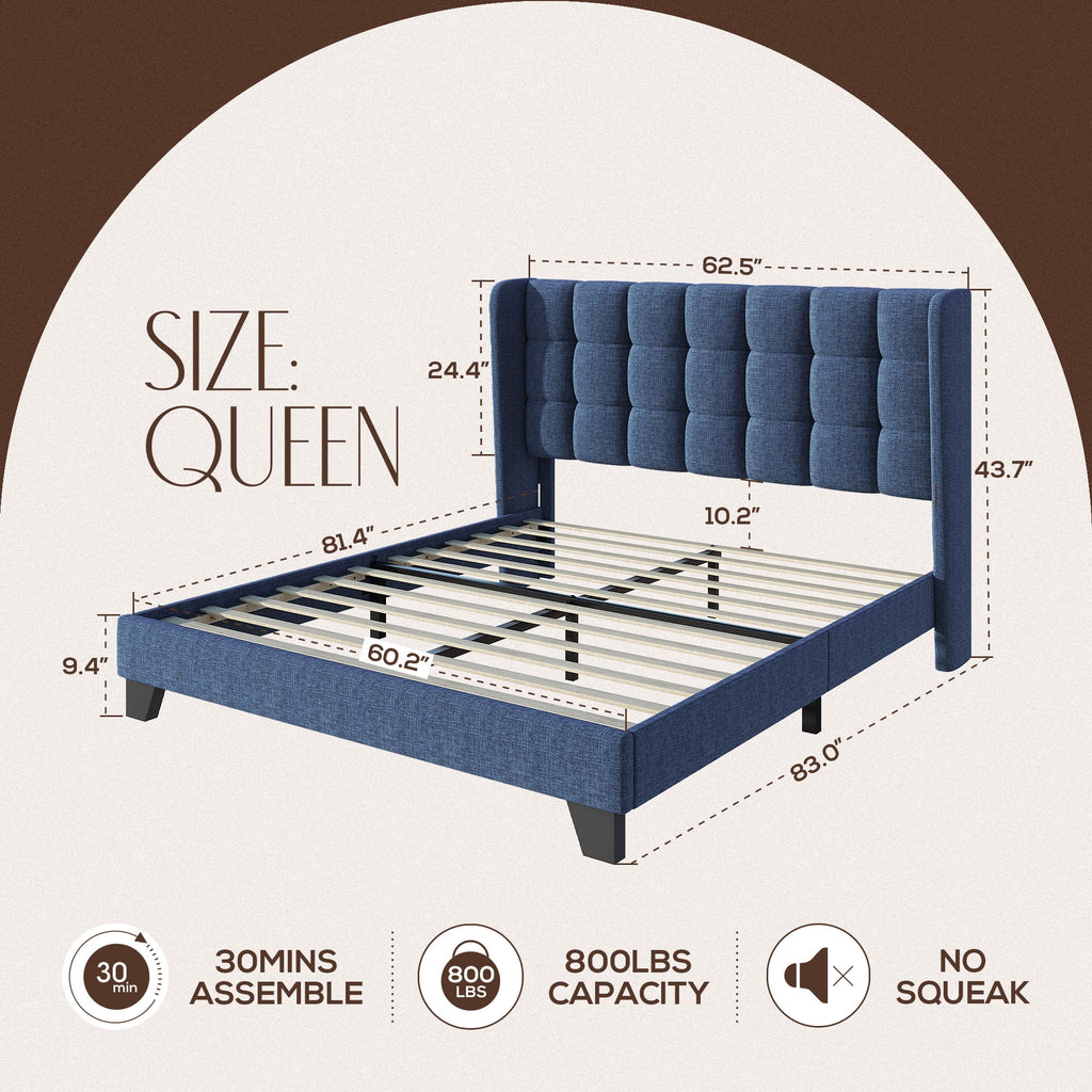 Grey Queen Size Platform Bed Frame with Tufted Headboard L710303