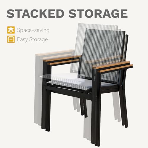 Stackable Patio Chairs Set of 2 Olefin Fabric Faux Wood Armrests Black & White Plaid V25671