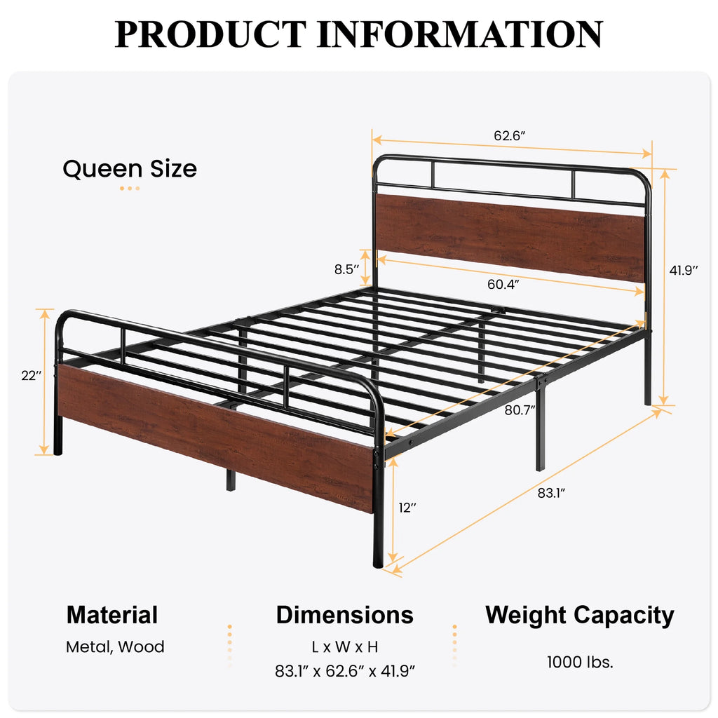 Dark Brown Queen Size Metal Platform Bed Frame with Wooden Headboard D5029