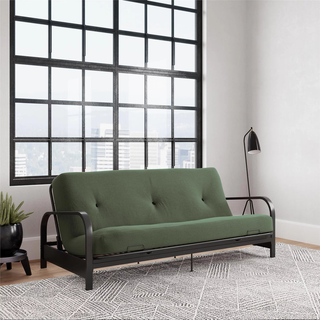 Army Green Full Size Futon Set with Black Metal Sofa Bed Frame and 6" Mattress S9438